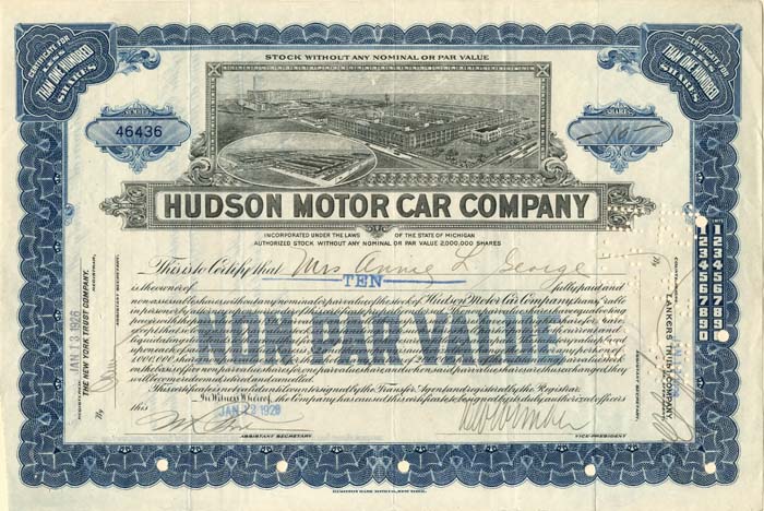 Hudson Motor Car Co. - 1926 dated Automotive Stock Certificate - Famous Car Maker